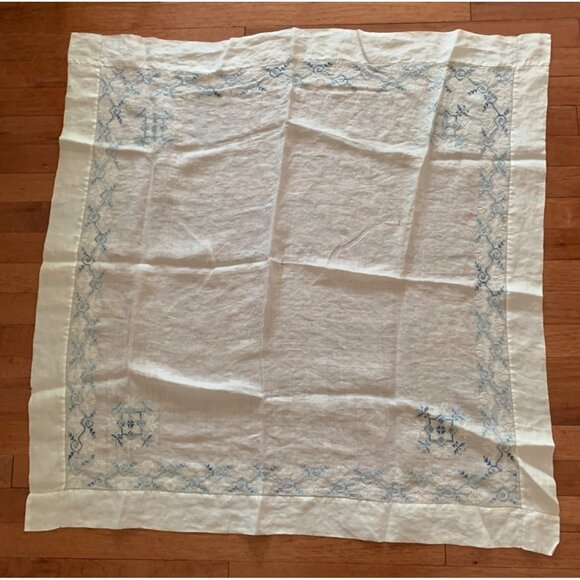 Vintage Linen Tablecloth with Blue Embroidery 35x36 - Picture 1 of 6